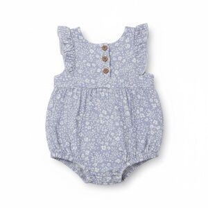 Rabbit Bear Blue Floral Baby Romper with Buttons